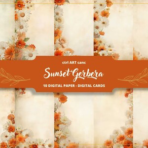 Papel Digital Sunset Gerbera, Gerbera Naranja, Papel Digital Gerbera, Papel Viejo, Papel Carta, Scrapbooking, Collage, Diario Basura