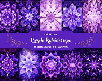 May include: A digital paper set featuring ten vibrant, purple floral designs with intricate patterns. The text "Purple Kaleidoscope" and "10 Digital Paper - Digital Cards" is displayed on a purple banner.