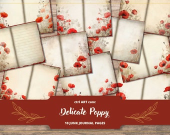 Poppy Journal Paper Digital Paper for Junk Journal Kit Floral Journal Paper Scrapbook Digital Paper Kit Junk Journal Paper Scrapbook Paper