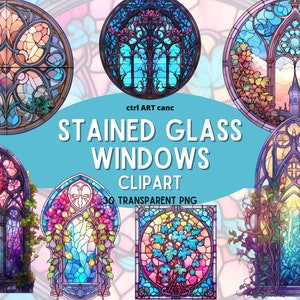 Stained Glass Windows Clipart, Glass Clipart, Colourful Glass Clipart, Gothic Clipart, Floral Clipart, Junk Journal, PNG Bundle, Digital Art
