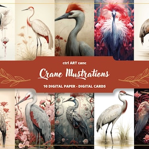Illustrations De Grue Papier Numérique, Impressions D'oiseaux, Décorations D'oiseaux, Images D'oiseaux, Dessins D'oiseaux, Cadeau Oiseau, Papier Pour Journal