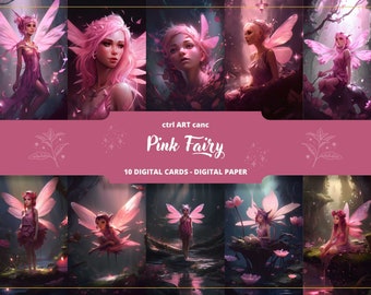 May include: A digital art collection featuring ten pink fairy illustrations. Each image showcases a fairy with pink wings and attire, set against a backdrop of a mystical forest. The title "Pink Fairy" is displayed on a pink banner.
