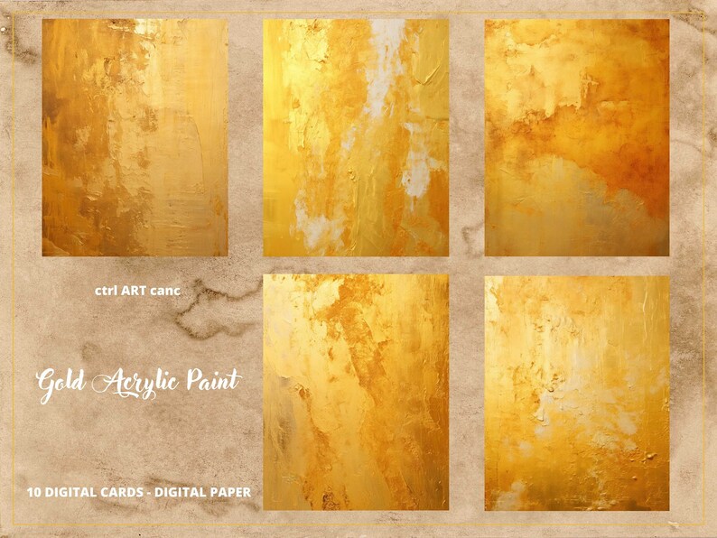 May include: Ten digital cards featuring gold acrylic paint textures. The cards are perfect for digital scrapbooking, card making, and other creative projects. ctrl ART canc.