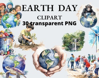 Planet Earth Watercolor Clipart: Sustainability PNG Bundle (Digital Download)