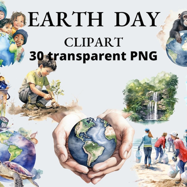 Planet Earth and Sustainability Watercolor Clipart, Green Planet, Transparent PNG, Wildlife Clipart, Transparent Clipart, PNG Bundle