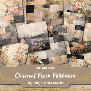 Puede incluir: Diez papeles digitales con un diseño de patchwork en colores carbón, melocotón y elementos florales. Los papeles se titulan "Charcoal Peach Patchwork" y son para el diario de chatarra.