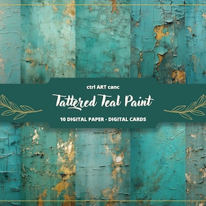 Op de afbeelding: Tien digitale papier- en kaartontwerpen met een verweerde teal-verftextuur met gouden accenten. De ontwerpen zijn perfect voor scrapbooking, kaartmaken en andere knutselprojecten.