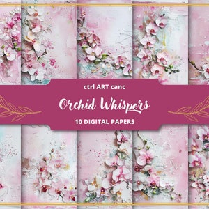 May include: A set of 10 digital papers featuring pink orchids on a textured background. The papers are titled "Orchid Whispers" and are perfect for scrapbooking, card making, and other crafting projects.