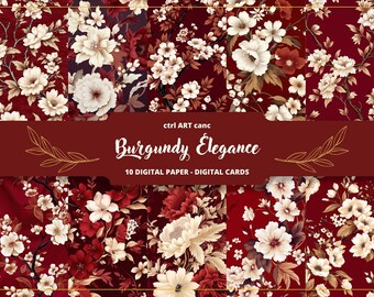 Burgundy Floral Digital Paper: Junk Journal Scrapbook (Digital Download)