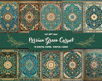 Persischer Grüner Teppich Digitales Papier: Junk Journal Kit (Digitaler Download)