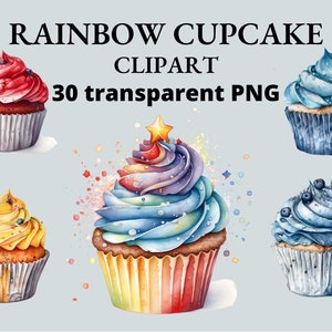 30 Regenbogen Cupcake Clipart, Aquarell Cupcake, Cupcake Geburtstag, Cupcake Party, Cupcake PNG, Junk Journal, transparentes PNG, PNG Bundle