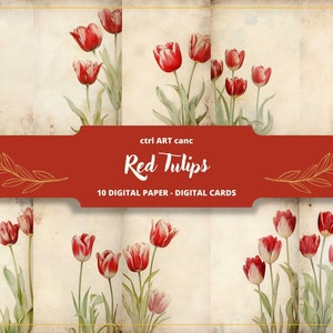 Carta digitale con tulipani rossi, carta per inviti floreali rossi, carta digitale, vecchia carta, carta da lettera, scrapbooking, collage, diario spazzatura