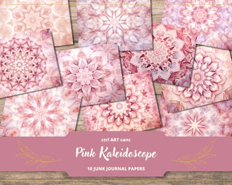 May include: A collection of ten pink kaleidoscope-patterned junk journal papers. The designs feature intricate floral and geometric patterns in shades of pink, white, and mauve. The title "Pink Kaleidoscope" is displayed on a pink banner with gold accents.