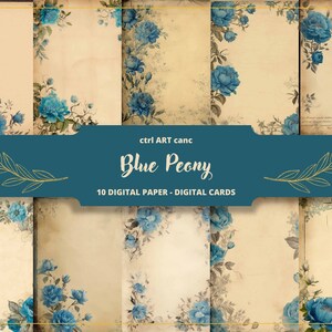 10 Blue Peony Printable, Peonia Flowers Digital Paper, Journal Page, Peony, Letter Paper, Flower Scrapbooking, Collage, Junk Journal