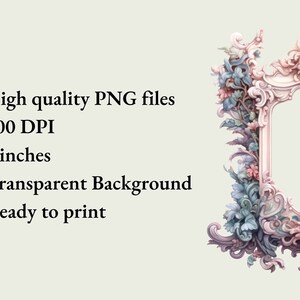 May include: A decorative, ornate frame with a rectangular opening, adorned with pastel-colored floral and scrollwork details. The frame is approximately 5 inches in height. The image also includes text: High quality PNG files, 300 DPI, Transparent Background, Ready to print.