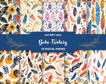 Boho Watercolor Digital Paper: Vintage Seamless Patterns (JPEG Files)