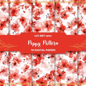 Watercolor Poppy Pattern Red Pattern Red Floral Pattern Red Junk Journal Paper Floral Pattern Design Floral Decor Red Pattern Journal Paper