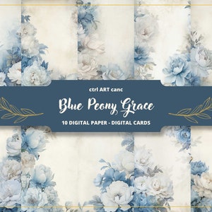 Papel digital Blue Peony Grace, Peonías azules, Papel digital de peonías, Papel antiguo, Papel de carta, Scrapbooking, Collage, Diario basura