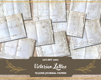 Könnte beinhalten: Zehn digitale Papiere mit einem viktorianischen Gitterdesign. Die Papiere sind weiß mit einem abgenutzten Look und haben einen Spitzenrand. Die Papiere sind perfekt für Junk Journaling.