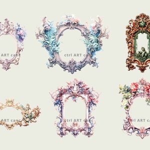 May include: Watercolor illustrations of ornate, antique picture frames. Each frame features intricate details and is adorned with floral arrangements in pastel colors. The text "ctrl ART can" is visible on some frames.
