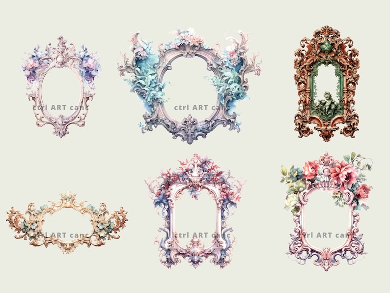 May include: Watercolor illustrations of ornate, antique picture frames. Each frame features intricate details and is adorned with floral arrangements in pastel colors. The text "ctrl ART can" is visible on some frames.