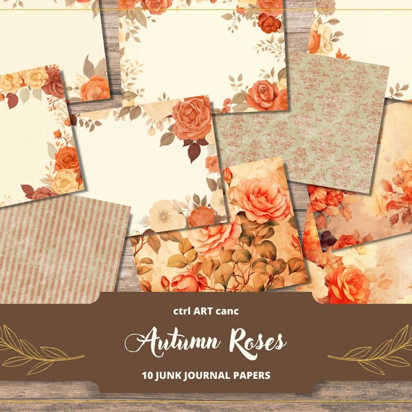 Autumn Junk Journal Paper Kit Brown Leaves Paper for Scrapbook Paper Autumn Roses Watercolor Printable Paper Instant Download Background