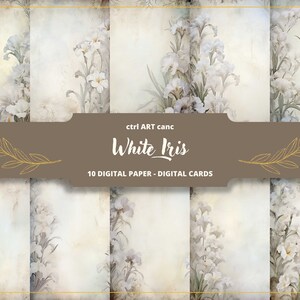Papel digital de iris blanco, papel floral blanco de boda, papel digital, página de diario, kit de diario, papel de carta, álbum de recortes, collage, efímera