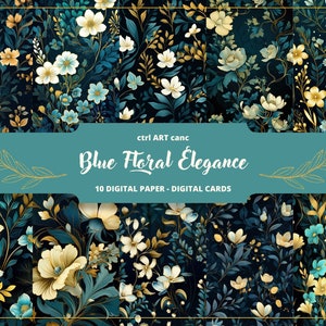 Blau Gold Digitales Papier, Floral Scrapbook Hintergrund, Elegante Junk Journal Zubehör, Blumen Shabby Hintergrund, digitaler Download