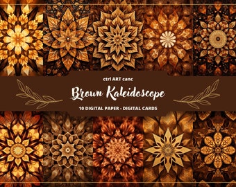 May include: A collection of ten digital papers and digital cards featuring intricate brown kaleidoscope designs. The designs showcase symmetrical floral patterns in shades of brown and gold. The text "Brown Kaleidoscope" is displayed on a brown banner.