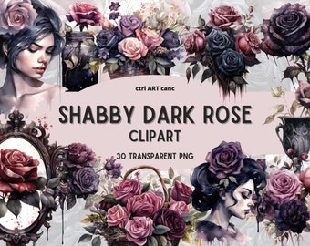 30 Shabby Dark Roses Clipart: Junk Journal PNG Bundle (Digital Download)