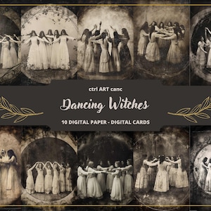 Puede incluir: Un paquete de papel digital con 10 imágenes de fotografías antiguas de mujeres con vestidos blancos bailando en círculo. Las imágenes son en blanco y negro y tienen un aspecto desgastado y envejecido. El texto "Dancing Witches" se muestra en una fuente dorada sobre un fondo gris oscuro.