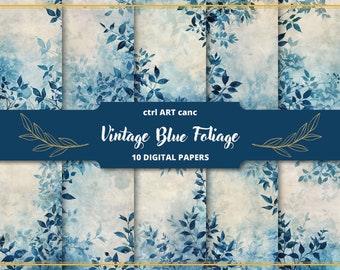 Watercolor Blue Leaves Digital Paper: Junk Journal Kit (Digital Download)