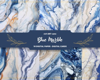 May include: A collection of ten digital papers and digital cards featuring blue marble designs. The papers showcase a variety of swirling patterns in shades of blue, white, and gold. The text "Blue Marble" is displayed on a navy blue banner.