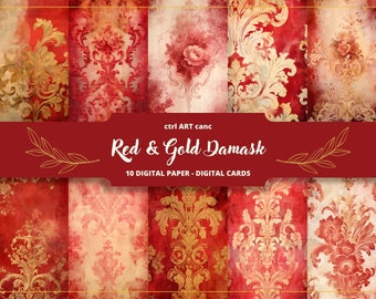 Tattered Red And Gold Damask Printable, Red & Gold Floral Paper, Journal Kit, Journal Pages, Scrapbooking, Junk Journal Supplies, Ephemera