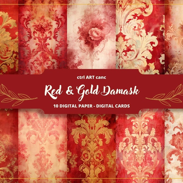 Tattered Red And Gold Damask Printable, Red & Gold Floral Paper, Journal Kit, Journal Pages, Scrapbooking, Junk Journal Supplies, Ephemera
