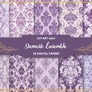 Fioletowy papier cyfrowy Damask Papier do druku Damask Wzór Damask Tło Damask Tekstura Damask Dekoracja Damask Zestaw dziennika Zestaw albumów