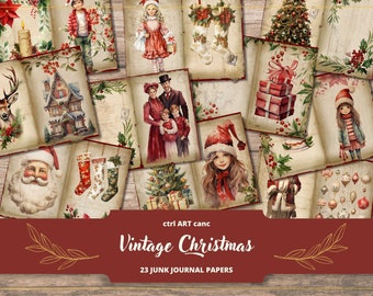 May include: A set of 23 vintage Christmas themed digital papers for junk journaling. The papers feature illustrations of Santa Claus, Christmas trees, stockings, presents, and other festive imagery.