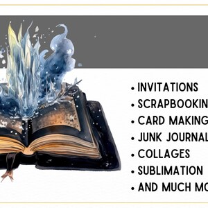 K&ouml;nnte beinhalten: Ein offenes Buch mit einem blauen und wei&szlig;en Aquarelldesign, das aus den Seiten quillt. Der Text auf der rechten Seite des Bildes lautet: "Einladungen, Scrapbooking, Kartenherstellung, Junk Journals, Collagen, Sublimation und vieles mehr!"