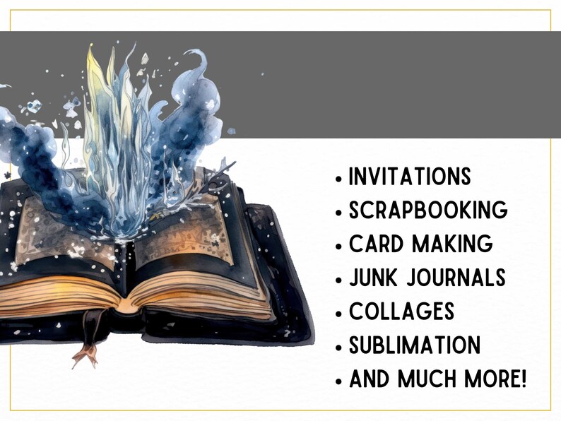 K&ouml;nnte beinhalten: Ein offenes Buch mit einem blauen und wei&szlig;en Aquarelldesign, das aus den Seiten quillt. Der Text auf der rechten Seite des Bildes lautet: "Einladungen, Scrapbooking, Kartenherstellung, Junk Journals, Collagen, Sublimation und vieles mehr!"