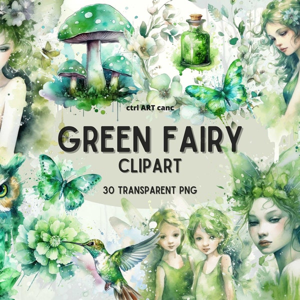 Green Fairy Watercolor Clipart, Fairy Party Invitation, PNG, Fairy Graphics, Nursery Clipart, Magical Fairy, Junk Journal, PNG Bundle