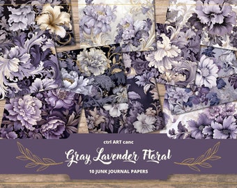 May include: A collection of ten junk journal papers with a gray and lavender floral design. The papers feature various floral patterns with gold accents. The text "Gray Lavender Floral" and "10 Junk Journal Papers" are displayed.