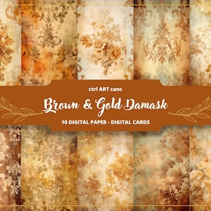 Tattered Braun Und Gold Damast Printable, Braun & Gold Papier, Journal Kit, Journal Seiten, Scrapbooking, Junk Journal Zubehör, Ephemera