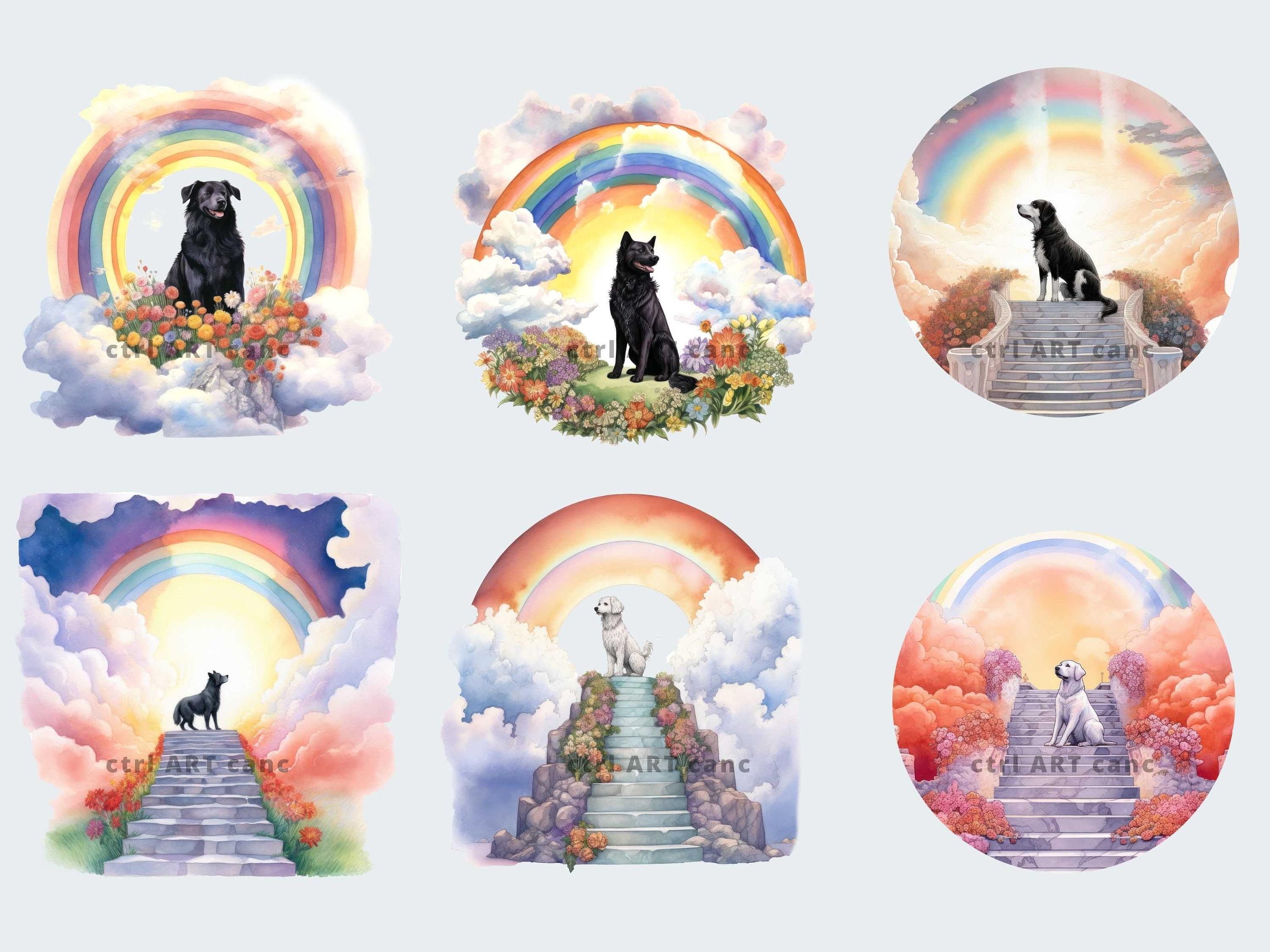 Rainbow Bridge Dog Watercolor Clipart: Pet Loss PNG Bundle (digital ...
