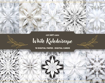 May include: A collection of ten digital papers and cards featuring white kaleidoscope designs. The image showcases various abstract patterns with a repeating, symmetrical floral or star-like motif. The text "White Kaleidoscope" is displayed on a brown banner.