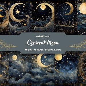 Halbmond-Digitalpapier, Mond-Scrapbook-Hintergrund, Nacht-Junk-Journal-Zubehör, nächtlicher Hintergrund, digitales Download-Papier