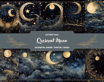 Crescent Moon Digital Paper: Night Sky Scrapbook (Digital Download)