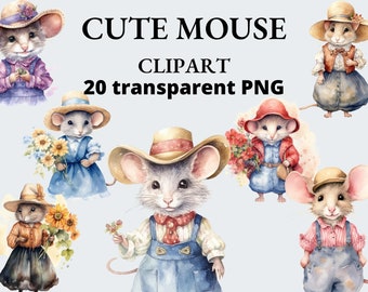 Cute Mouse Watercolor Clipart, Country Mouse clipart, Transparent PNG, Shabby Clipart, Transparent Clipart, PNG Bundle, Collage