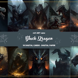 10 ブラック ドラゴン デジタル ペーパー、ブラック ドラゴン カード、邪悪なドラゴン、スクラップブッキング、コラージュ、神秘的、ファンタジー、ジャンク ジャーナル、ファンタジー ワールド、GOT