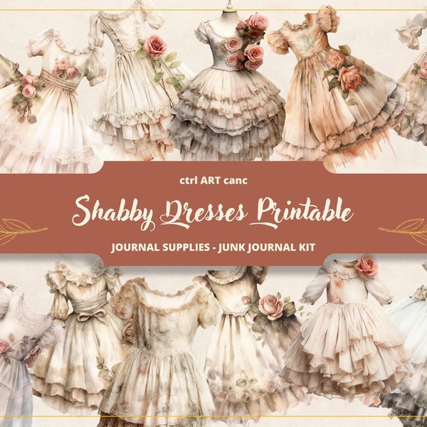Shabby Rose Dresses Printable, Shabby Rose Dresses, Tattered Dress, Journal Kit, Rose, Scrapbooking, Collage Supplies, Junk Journal