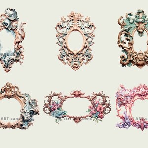 May include: A collection of six ornate, vintage-style frames in various shapes. The frames feature intricate scrollwork and floral accents, with a color palette of muted pinks, blues, and golds. The frames are empty, ready for artwork or photos.